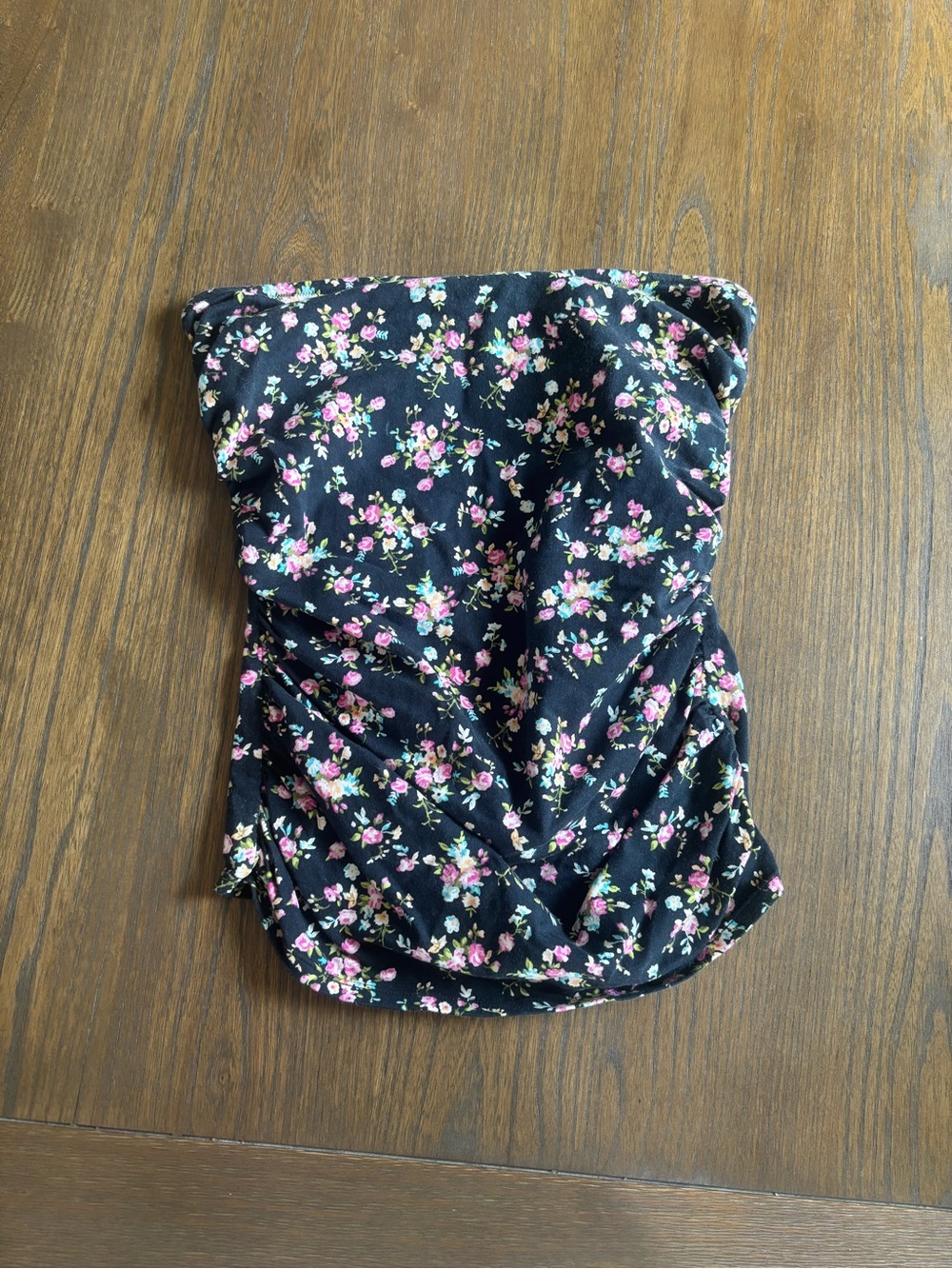 Moda International Black Floral Strapless Top with Pink & Green Accents